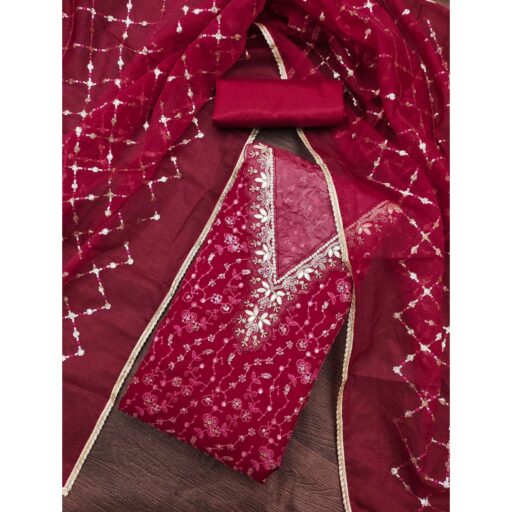Pink Floral Sequins Embroidery With Handwork Organza Dress Material - Image 2