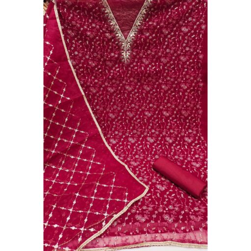 Pink Floral Sequins Embroidery With Handwork Organza Dress Material - Image 3