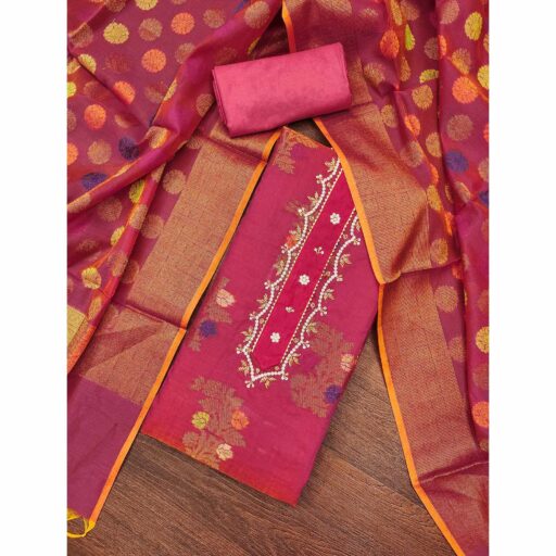 Pink Floral Woven With Handwork Banarasi Silk Dress Material - Image 2
