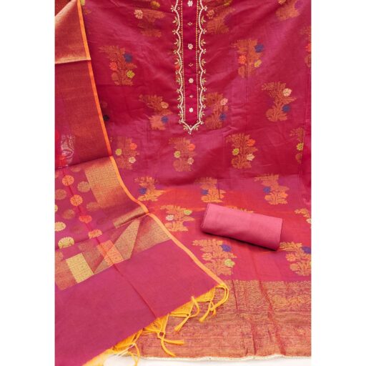 Pink Floral Woven With Handwork Banarasi Silk Dress Material - Image 3