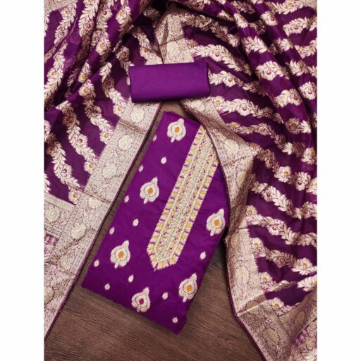 Purple Woven With Handwork Organza Banarasi Dress Material - Image 2