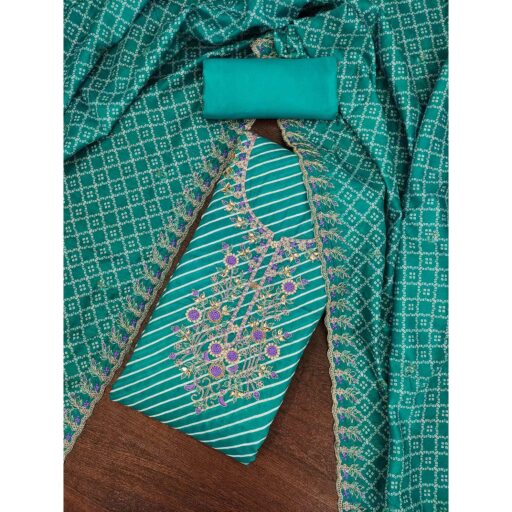 Rama Green Striped Digital Printed With Handwork Muslin Dress Material - Image 2
