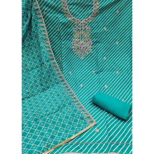 Rama Green Striped Digital Printed With Handwork Muslin Dress Material - Image 3
