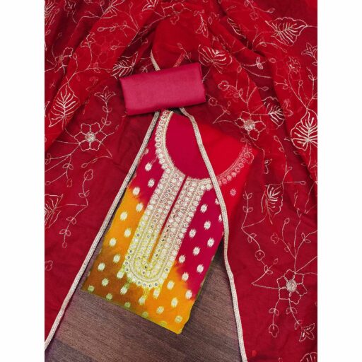 Red Floral Woven With Handwork Organza Banarasi Dress Material - Image 2