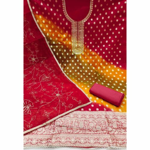 Red Floral Woven With Handwork Organza Banarasi Dress Material - Image 3