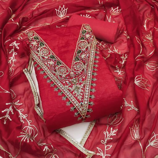 Red Sequins Embroidery With Handwork Viscose Golden Crush Dress Material