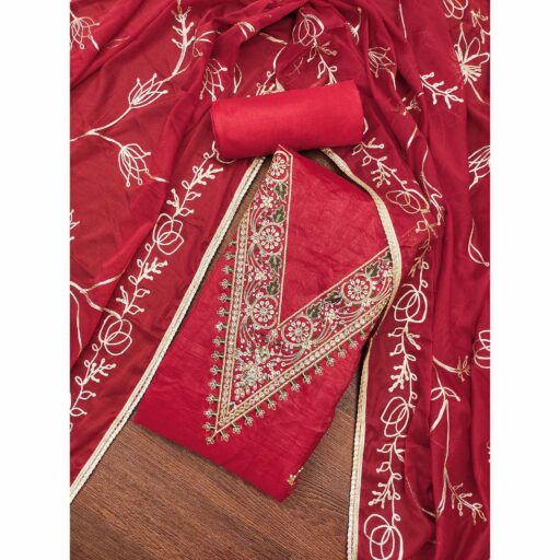 Red Sequins Embroidery With Handwork Viscose Golden Crush Dress Material - Image 2