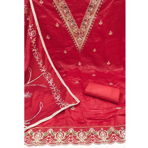 Red Sequins Embroidery With Handwork Viscose Golden Crush Dress Material - Image 3