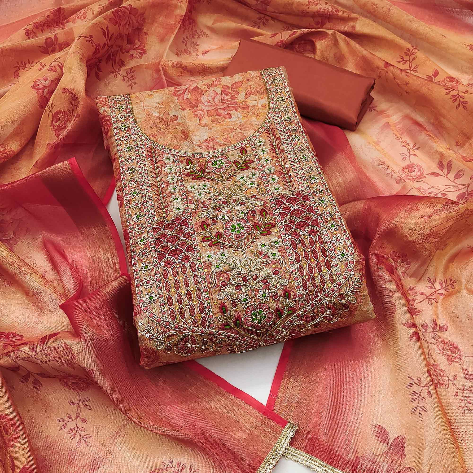 Rust Floral Digital Printed With Moti Handwork Cotton Silk Dress Material