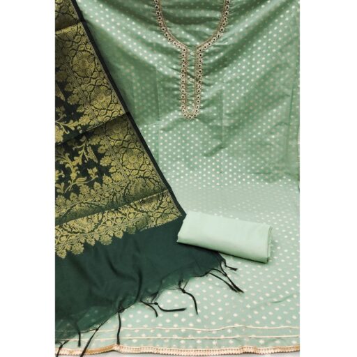 Sea Green Floral Woven With Handwork Banarasi Silk Jacquard Dress Material - Image 2