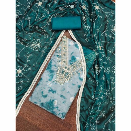 Teal Digital Printed With Handwork Organza Dress Material - Image 2