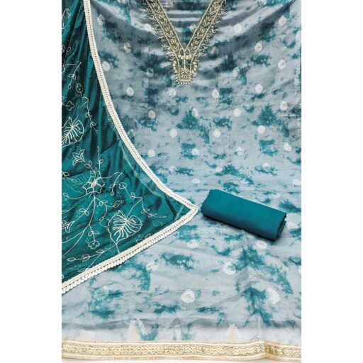 Teal Digital Printed With Handwork Organza Dress Material - Image 3