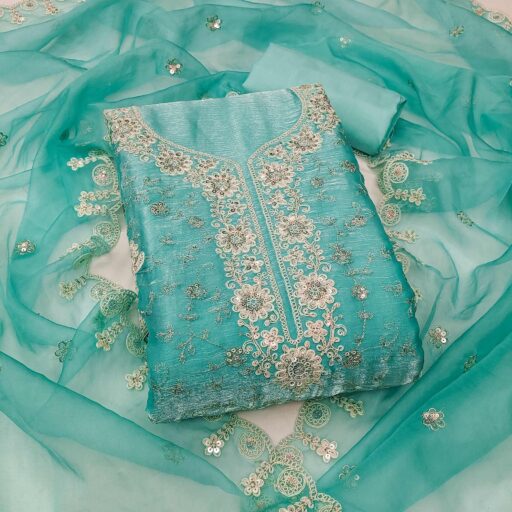 Turquoise Floral Sequins Embroidered Viscose Golden Crush Dress Material - Image 2