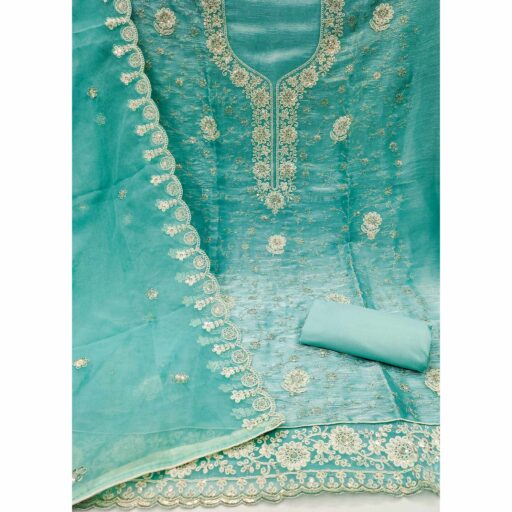 Turquoise Floral Sequins Embroidered Viscose Golden Crush Dress Material - Image 3