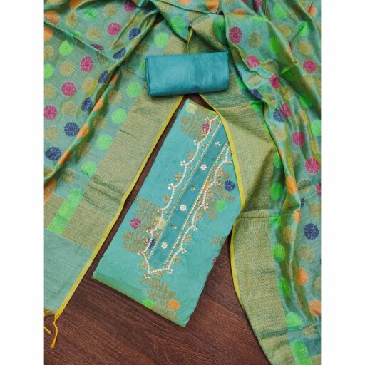 Turquoise Floral Woven With Handwork Banarasi Silk Dress Material - Image 2