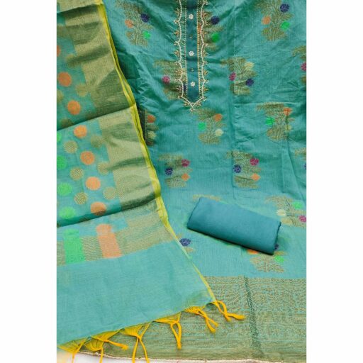 Turquoise Floral Woven With Handwork Banarasi Silk Dress Material - Image 3