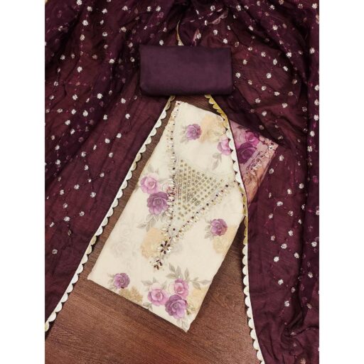 Wine Floral Digital Printed With Handwork Viscose Banarasi Dress Material - Image 2