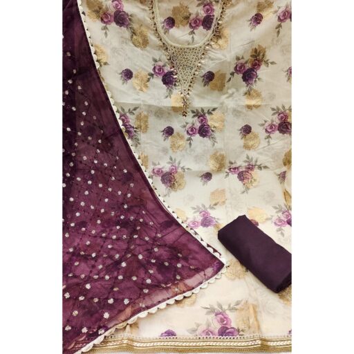 Wine Floral Digital Printed With Handwork Viscose Banarasi Dress Material - Image 3