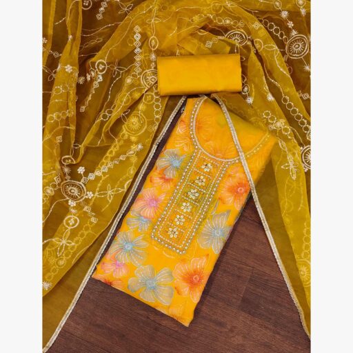 Yellow Floral Sequins Embroidery With Handwork Organza Dress Material - Image 2
