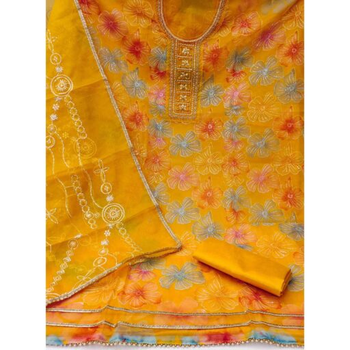 Yellow Floral Sequins Embroidery With Handwork Organza Dress Material - Image 3