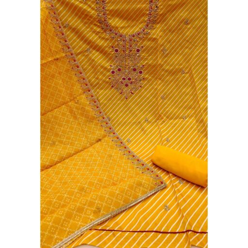 Yellow Striped Digital Printed With Handwork Muslin Dress Material - Image 3