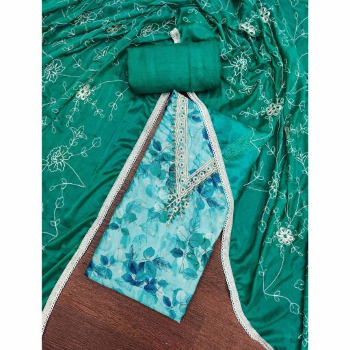 Blue Banarasi Silk Dress Material With Digital Print & Moti Handwork - Image 2