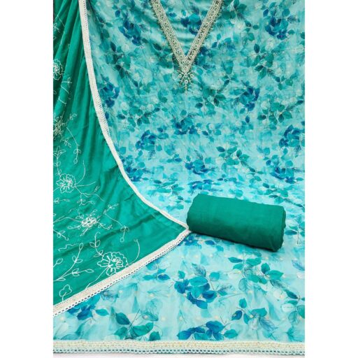 Blue Banarasi Silk Dress Material With Digital Print & Moti Handwork - Image 3