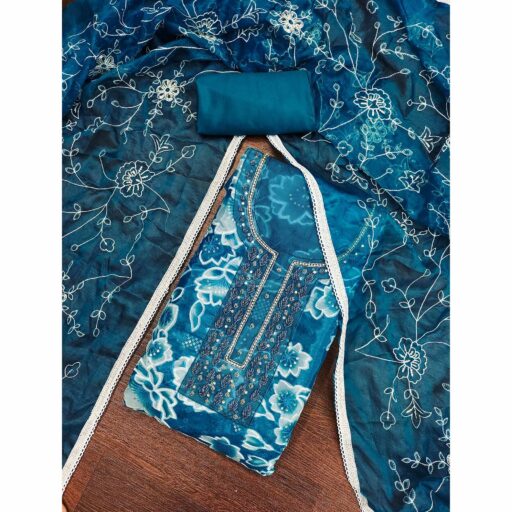 Blue Delicate Floral Sequins & Hand Embellishments On Flowing Organza Dress Material - Image 2