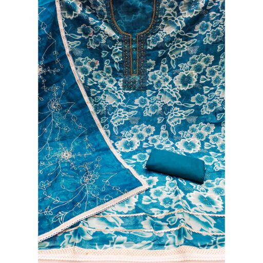Blue Delicate Floral Sequins & Hand Embellishments On Flowing Organza Dress Material - Image 3