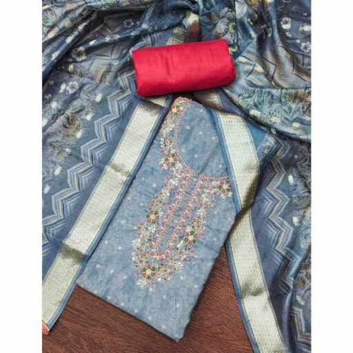 Blue Digital Printed Cotton Silk Dress Material With Intricate Moti & Sequins Handwork - Image 2
