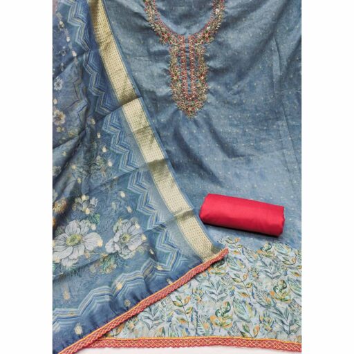 Blue Digital Printed Cotton Silk Dress Material With Intricate Moti & Sequins Handwork - Image 3