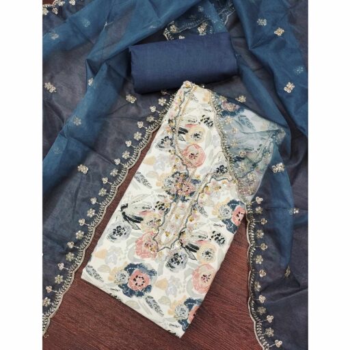 Blue Printed Blue Pure Cotton Dress Material Enhanced With Moti & Hand Embroidered Sequins - Image 2