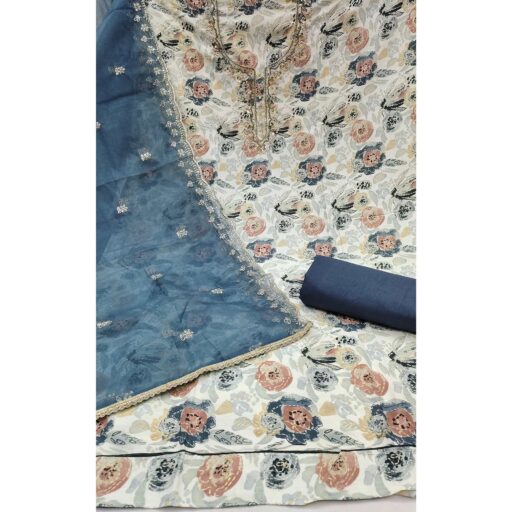 Blue Printed Blue Pure Cotton Dress Material Enhanced With Moti & Hand Embroidered Sequins - Image 3
