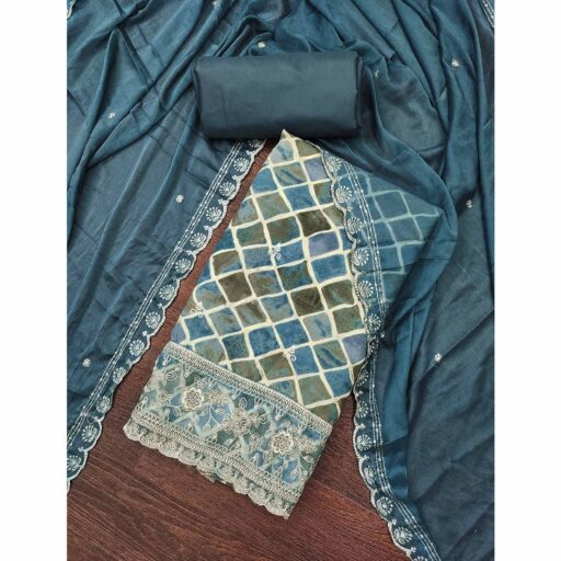 Blue Printed Dress Material In Pure Cotton With Intricate Sequins Embroidery Work - Image 2