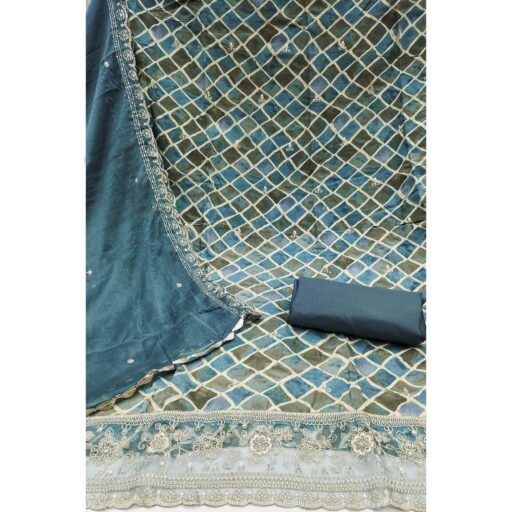 Blue Printed Dress Material In Pure Cotton With Intricate Sequins Embroidery Work - Image 3
