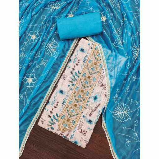 Blue Pure Cotton Dress Material With Digital Florals & Handcrafted Sequins Embroidery - Image 2