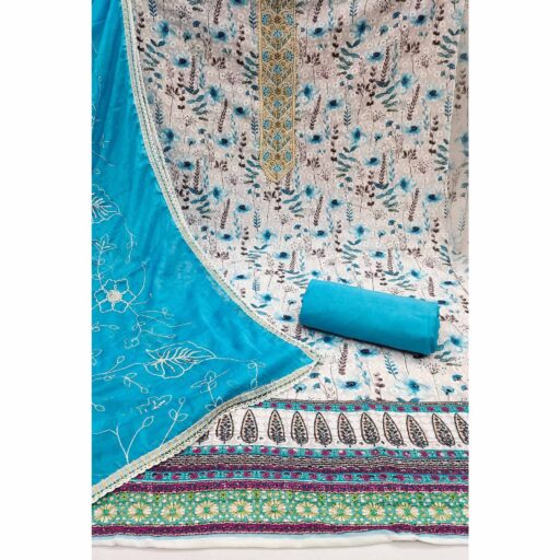 Blue Pure Cotton Dress Material With Digital Florals & Handcrafted Sequins Embroidery - Image 3