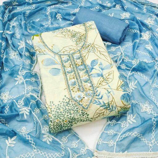 Cream & Blue Floral Printed Pure Cotton Dress Material With Intricate Moti & Stones work - Image 2