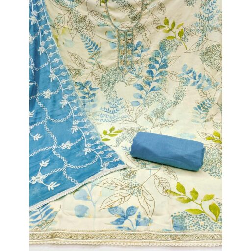 Cream & Blue Floral Printed Pure Cotton Dress Material With Intricate Moti & Stones work - Image 3