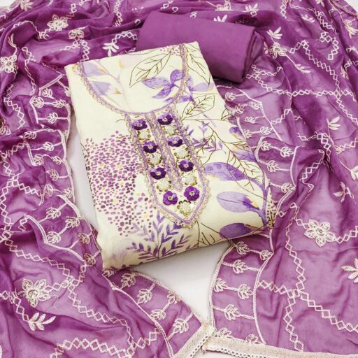 Cream & Purple Floral Printed Pure Cotton Dress Material With Intricate Moti & Stones work - Image 2