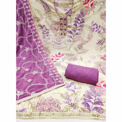 Cream & Purple Floral Printed Pure Cotton Dress Material With Intricate Moti & Stones work - Image 3