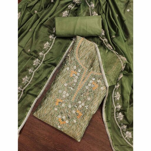 Festive Ready Green Dress Material in Cotton Silk with Exquisite Hand Embroidery - Image 2