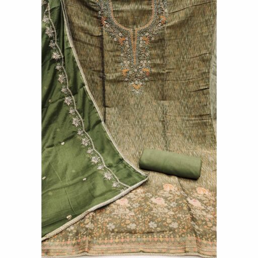 Festive Ready Green Dress Material in Cotton Silk with Exquisite Hand Embroidery - Image 3