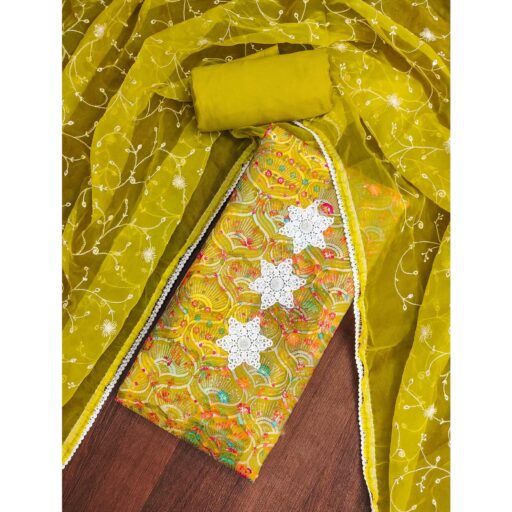 Festive Ready Lemon Green Heavy Embroidered Dress Material in Roman Cotton Silk Fabric - Image 2