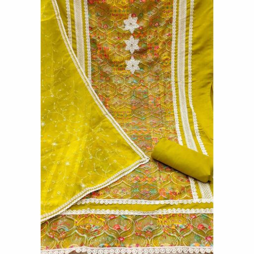 Festive Ready Lemon Green Heavy Embroidered Dress Material in Roman Cotton Silk Fabric - Image 3