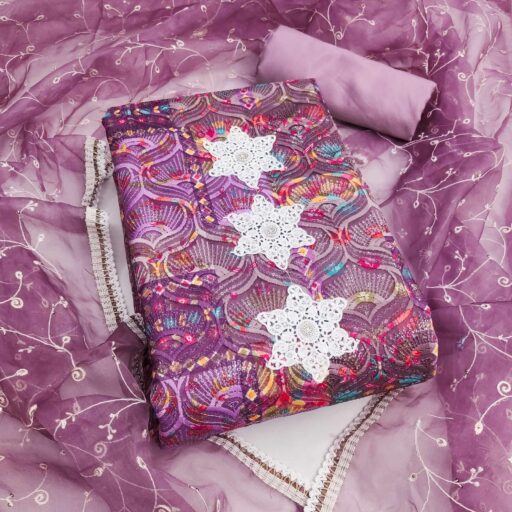 Festive Ready Purple Heavy Embroidered Dress Material in Roman Cotton Silk Fabric