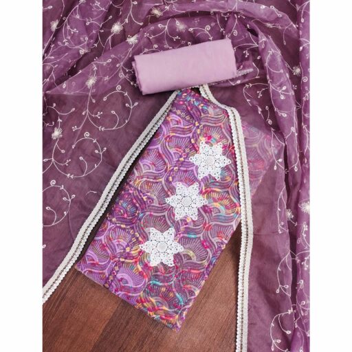 Festive Ready Purple Heavy Embroidered Dress Material in Roman Cotton Silk Fabric - Image 2