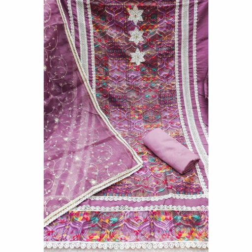 Festive Ready Purple Heavy Embroidered Dress Material in Roman Cotton Silk Fabric - Image 3