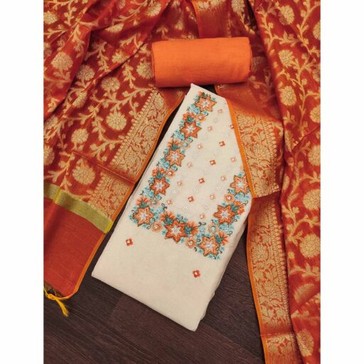 Floral Sequins Embroidered Cream & Orange Pure Cotton Dress Material With Delicate Handwork - Image 2