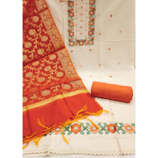 Floral Sequins Embroidered Cream & Orange Pure Cotton Dress Material With Delicate Handwork - Image 3